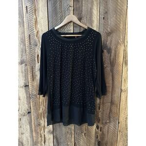 Black Studded Tunic Top Women's XL – Rhinestone Sparkle Longline Blouse Goth Y2K